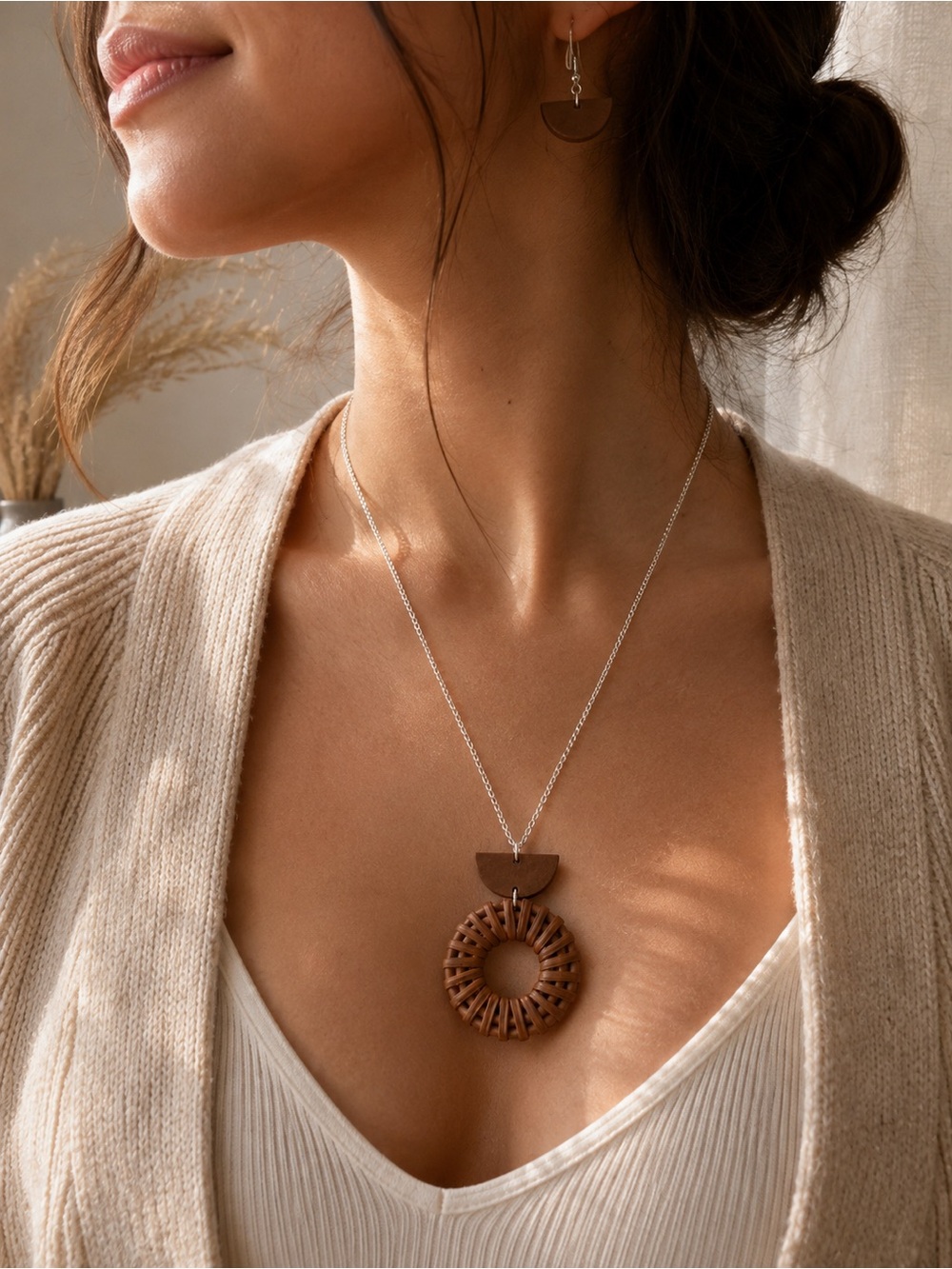 Handcrafted Wooden Circle Pendant Necklace in Brown